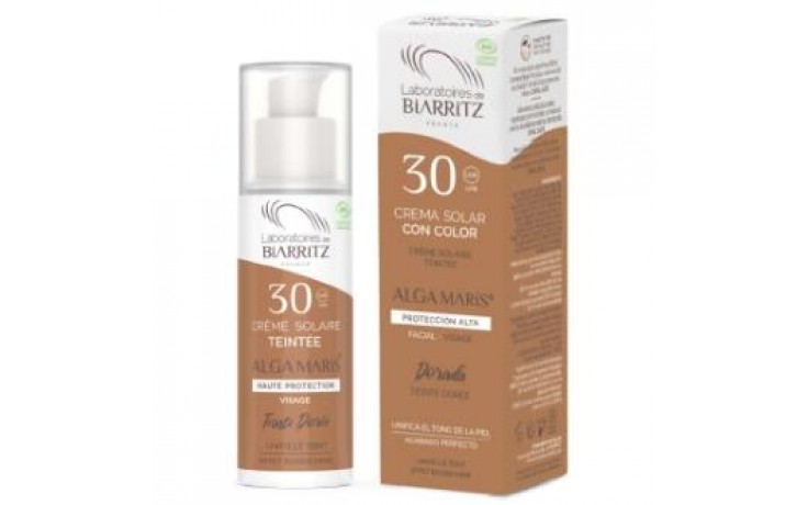 Crema solar facial color dorado SPF30